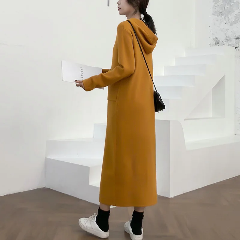 Осенне-зимнее длинное платье-свитер с капюшоном для беременных свободное теплое