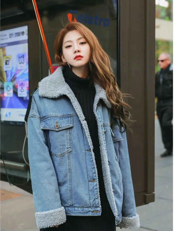 Для женщин 2019 зимние Повседневное размер джинсовая ягненка пальто