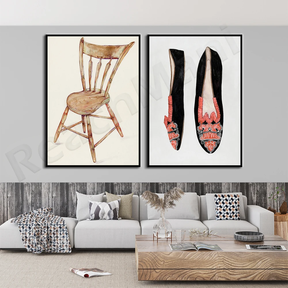 

Retro furniture, chair, neutral color still life printing, retro fashion dance shoes prints, decorative canvas print posters