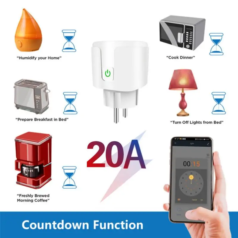 Умная розетка Tuya 20A с двумя модулями Wi-Fi + Bluetooth таймер монитор питания работает