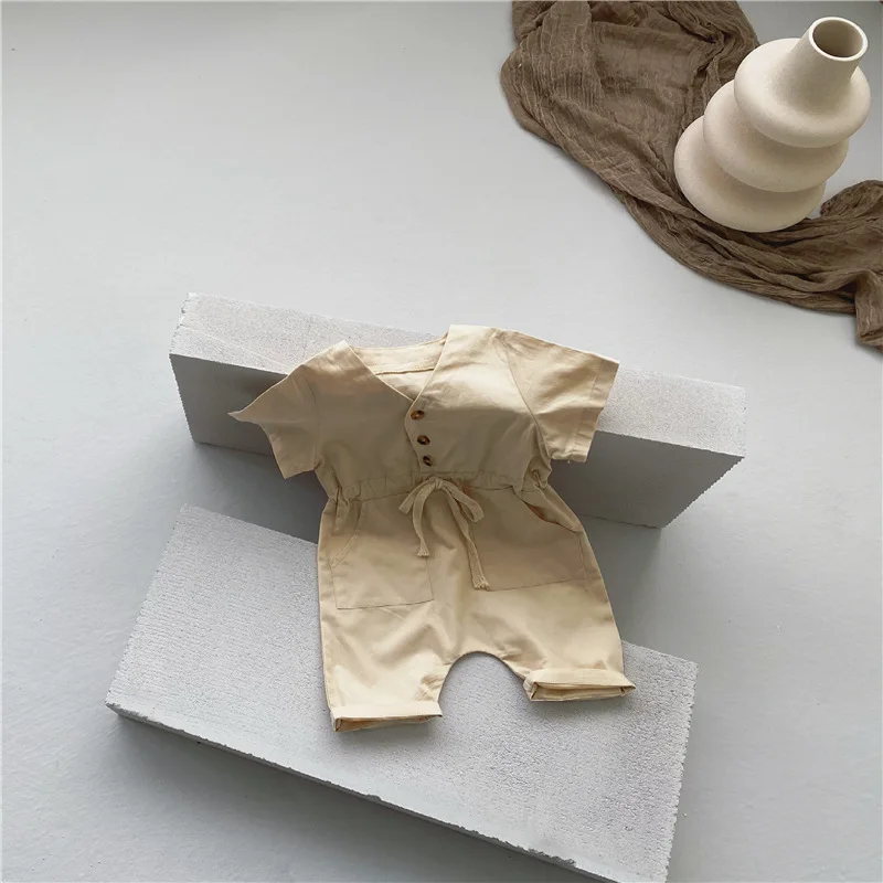 

Milancel 2021 Summer New Baby Rompers Solid Cotton Jumpsuit V-neck Shorts Sleeve Infant Clothes