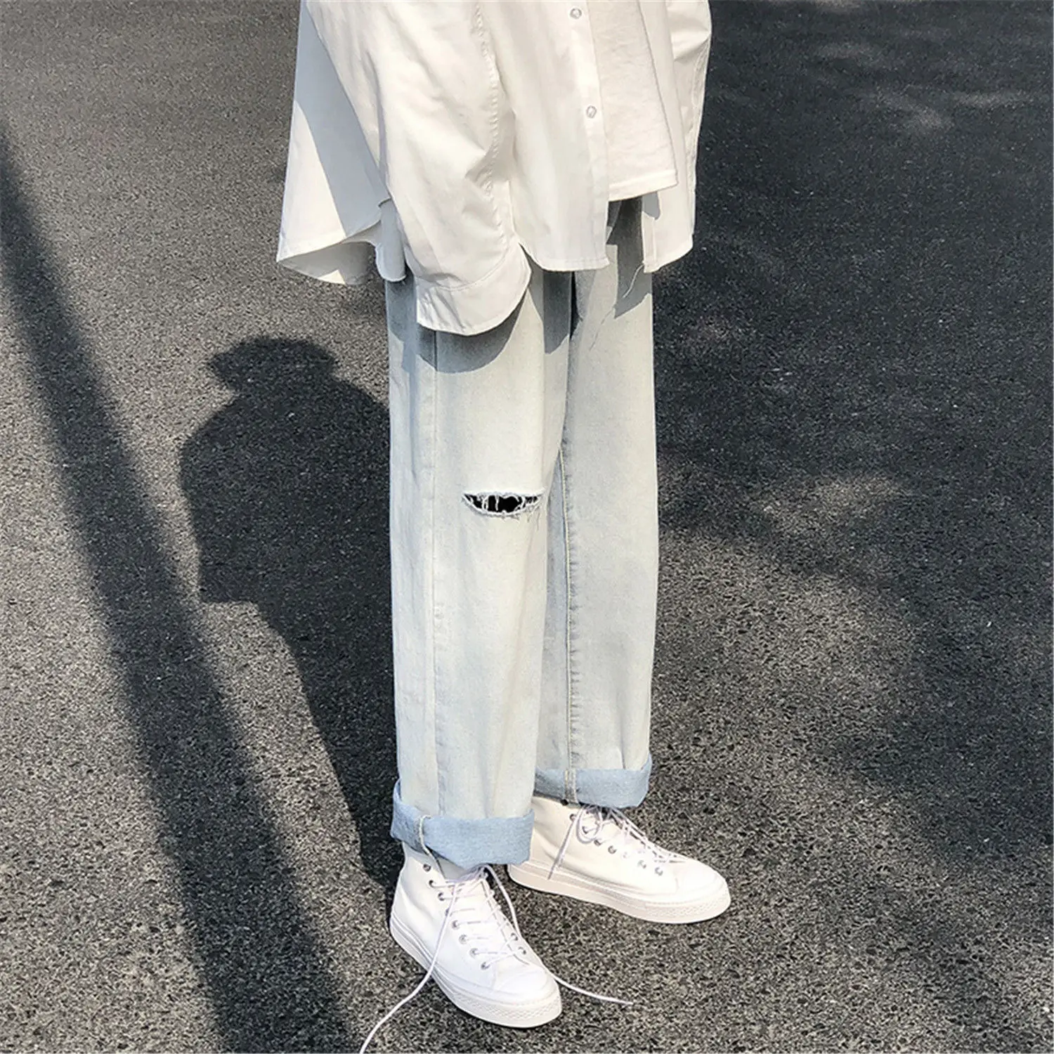 

Pants men's summer holed jeans men's loose straight pants thin Capris trend versatile wide leg pants men's pants