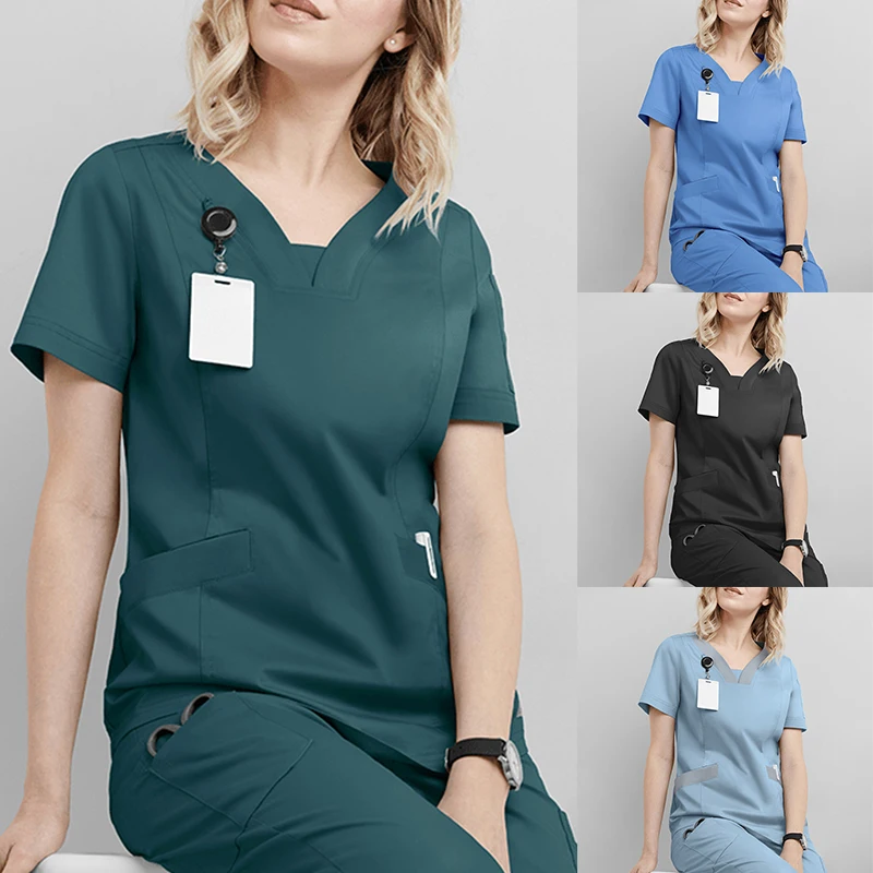 

Women Short Sleeve Beauty Uniform V-neck Scrubs Tops Spa Uniform Health Workers Working Scrub Tops Nurse gorro enfermera