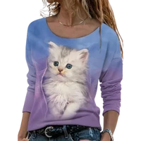 womens fashion t shirt loose long sleeve round collar cute cat printed shirts oversize casual ladies tops