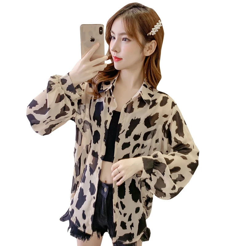 

2021 Summer Thin Leopard-Print Shirt Female Design Minority All-Match Mid-length Sun Protection Cardigan Long Sleeve Top-Music