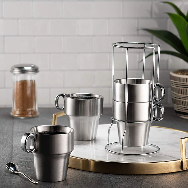 Штабелируемые кофейные чашки для эспрессо из нержавеющей стали с подстаканником