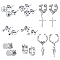 16pcsset crystal ball stud earrings stainless steel hoop round earring set for women men cross drop dangling earring black punk