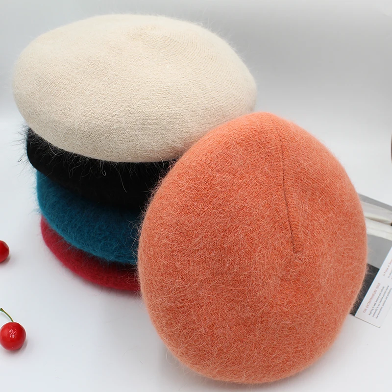 Женский берет Onidfurow однотонный из ангорской шерсти с кроличьим мехом зимняя