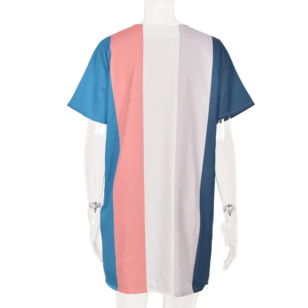 

WEPBEL Dress Women's Casual Striped Stitching Loose Dress Summer Fashion Short Sleeve V-neck Mini Dress