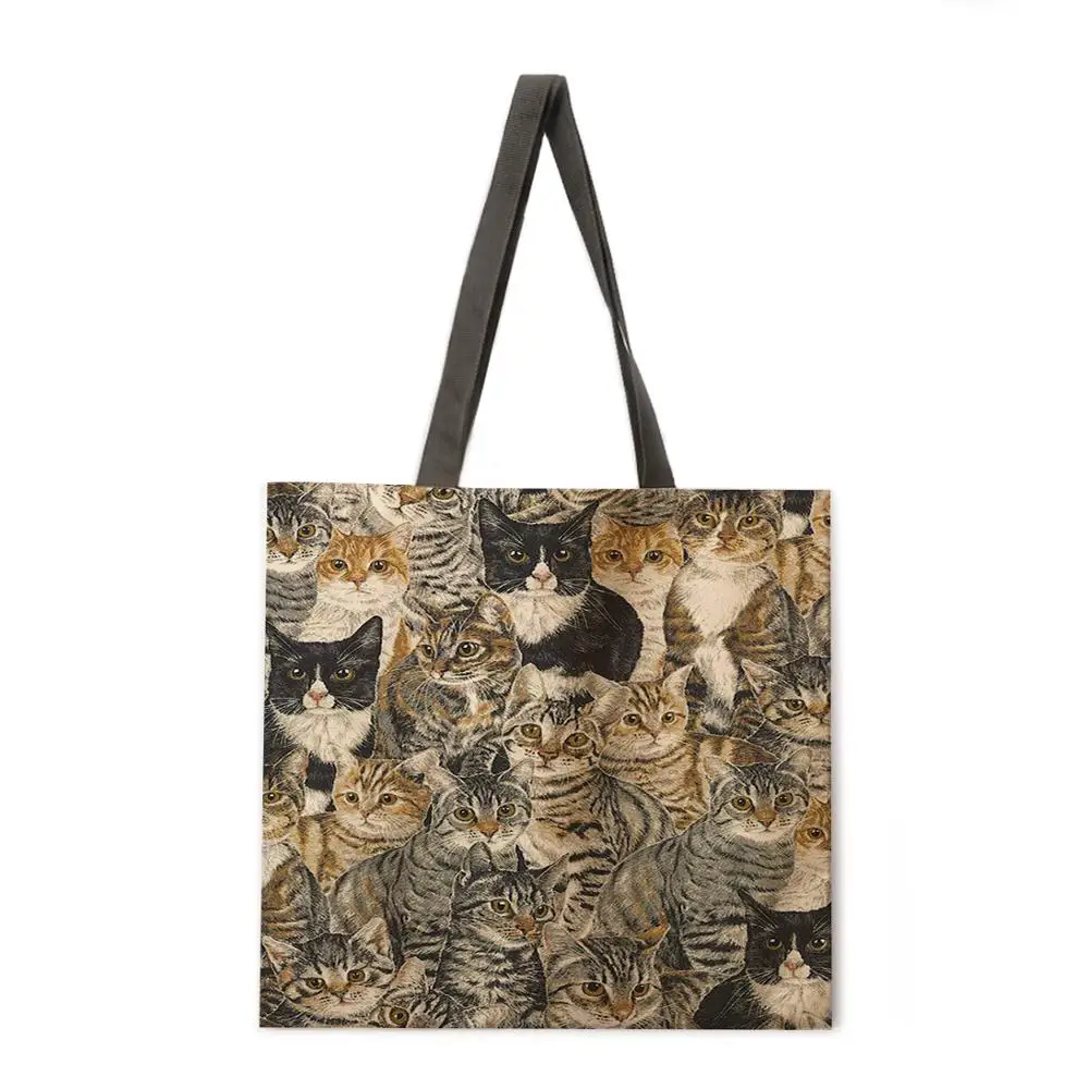 

Outdoor beach bag cat and dog combo linen tote bag female leisure portable lady shoulder bag foldable shopping bag