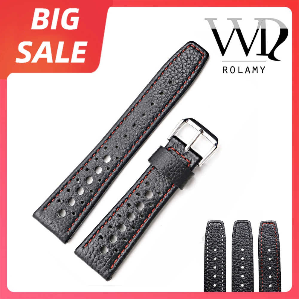 

Rolamy 20 22mm TOP Luxury Real Calf Leather Handmade White Stitches Wrist Watch Band Strap Belt For Rolex Omega IWC Tag Heuer