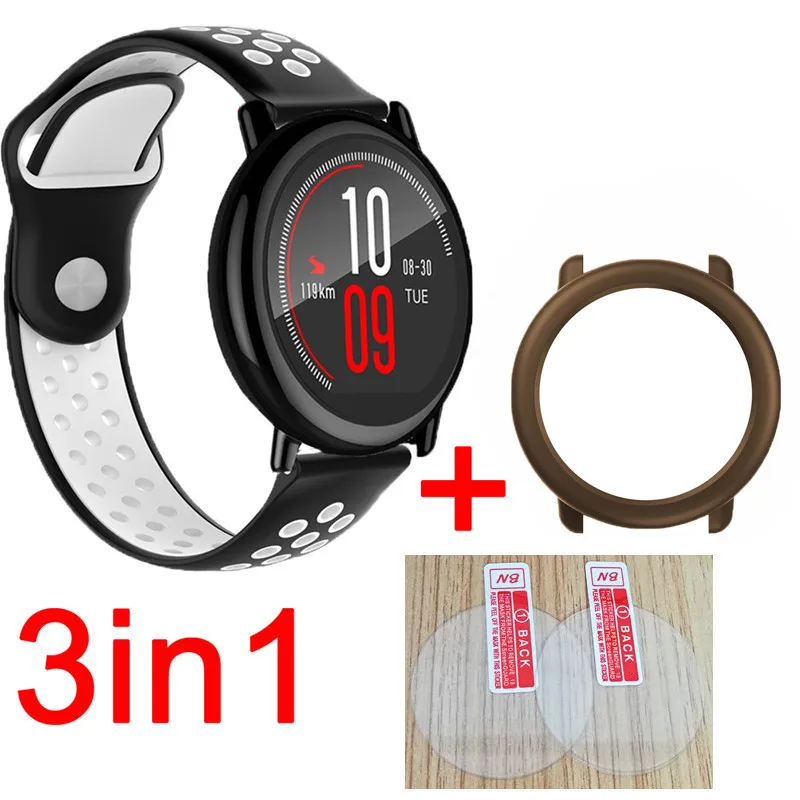 black white-coffee 3в1 Huami Amazfit Stratos pace ремешок Смарт часы силиконовые полосы браслет ремень для xiaomi Huami Amazfit стекло Защита экрана - Цвет: black white-coffee