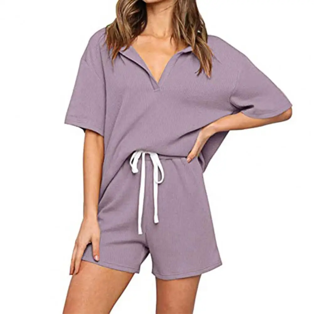 

Women Half Sleeve Solid Color Two Piece V Neck Drawstring Outfit T-shirt Shorts Set for Lounge