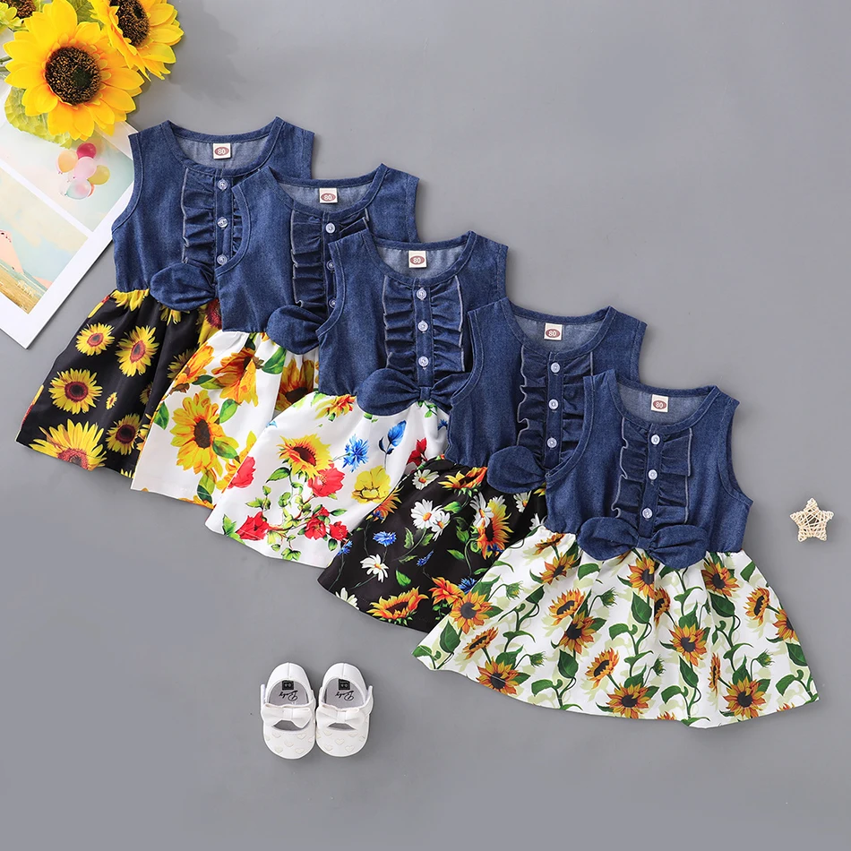 

Fashion Demin Girls Dresses Spring Patchwork Kids Dress Children Clothing Sunflower Print Princess Dress Casual Kid Girl Clothes