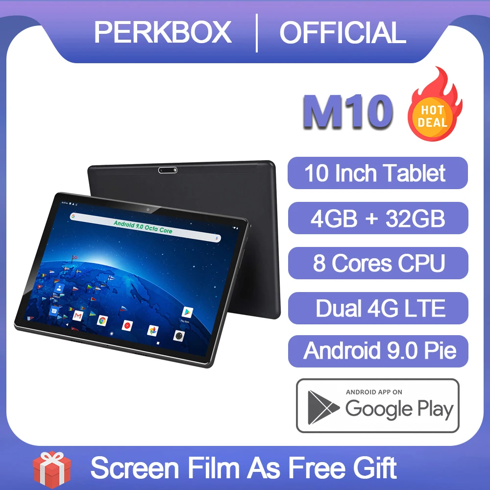 Планшет Perkbox 10 дюймов Восьмиядерный Android 9 0 4 Гб ОЗУ 32 ПЗУ 1280x800 IPS камера 5 Мп Youtube Media