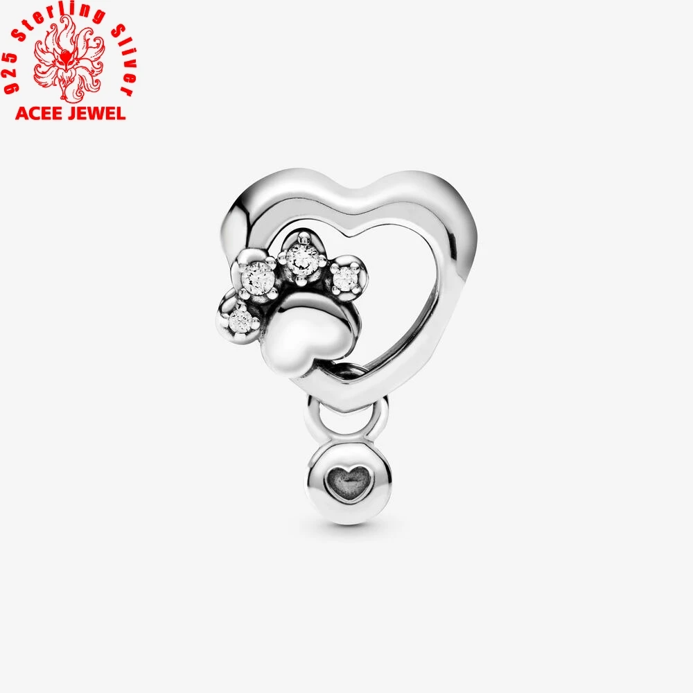 

2020 Spring New 925 Sterling Silver Beads Sparkling Paw Print & Heart Charms fit Original pandora Bracelets Women DIY Jewelry