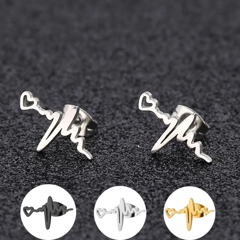 Серьги гвоздики в форме сердца ЭКГ уха из нержавеющей стали|Серьги-гвоздики| |