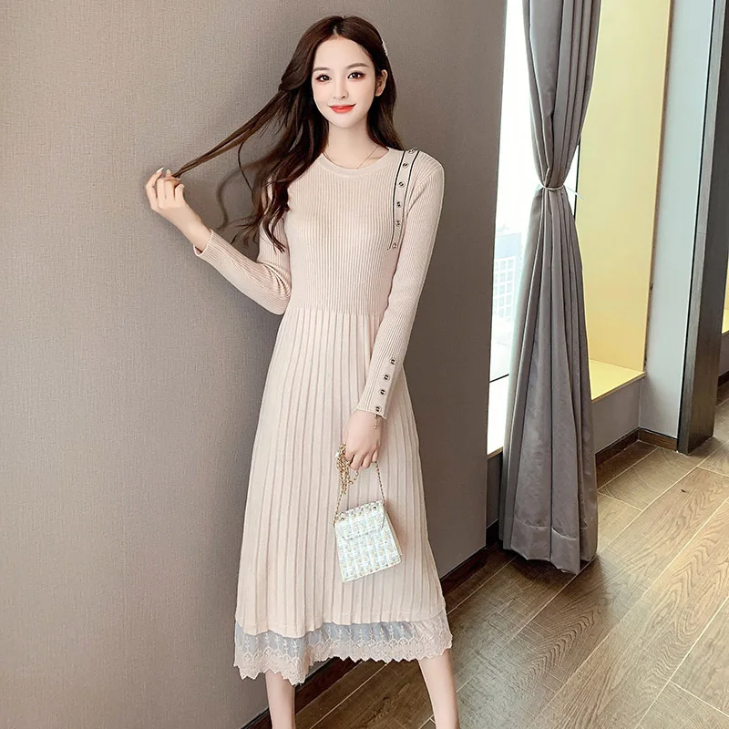 

Autumn and Winter 2021 New Fashion Solid Color Loose Knit Dress Women's and Knee Dress
