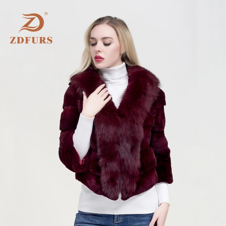 ZDFURS* 2019 new fashion whole skin rex rabbit fur coat female winter new big fox fur collar fur coat warm fur outerwear