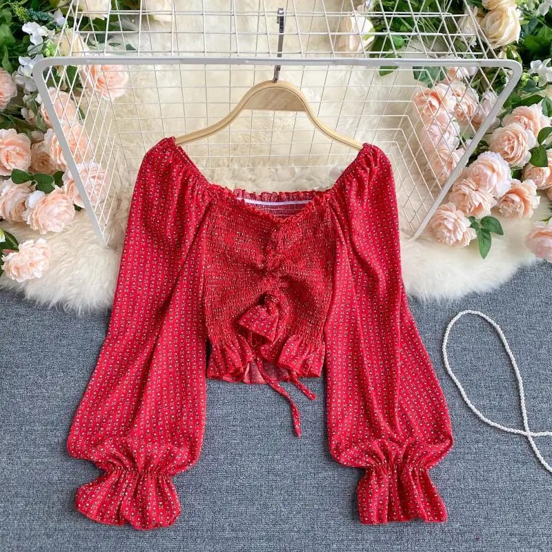 

Шифоновая Блузка на весну и осень, новинка, женские плиссированные облегающие рубашки с коротким рукавом-фонариком и завязкой на талии, жен...