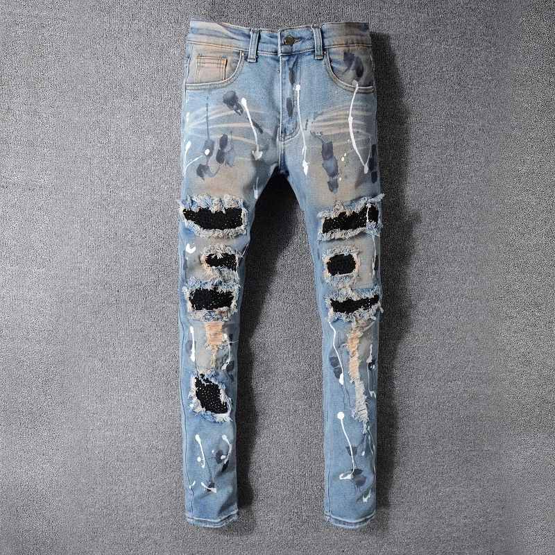 

Hip Hop Rhinstone Men Jeans Stretch Retro Painted Skinny Cotton Denim Jeans Pants Men Ripped Fashion Washed Hole Jeans Big Size