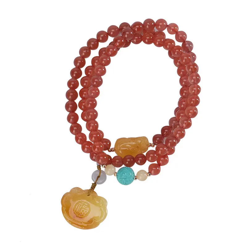 

S925 sterling silver gold plated Southern red agate Turquoise Amber Beeswax Hetian jade Retro Ruyi Fu character Bracelet