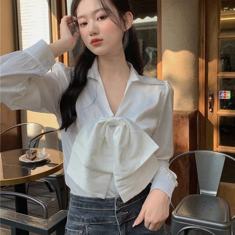 

Women Shirts Solid Long Sleeve Big Bow Elegant Gentle Retro All-match Fashion Female Korean Style Blouses Temper Sweet Soft Cozy