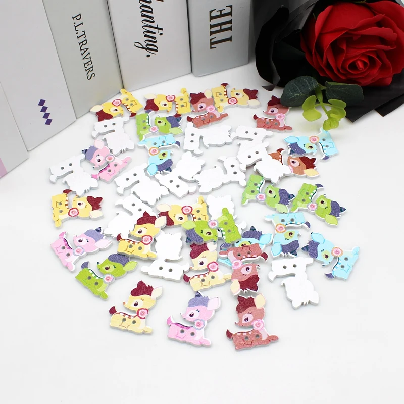 

50 шт., деревянные пуговицы с рисунком оленя