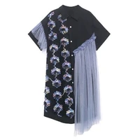 women summer designer vintage black long shirt dress patch flowers stiching mesh lady casual dress robe