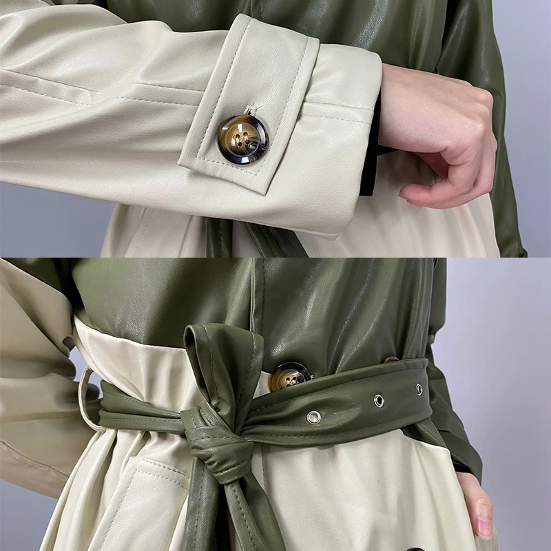 

New 2021 Luxury Double-breasted long Pu leather trench overcoat loose fit plus size windproof raincoats