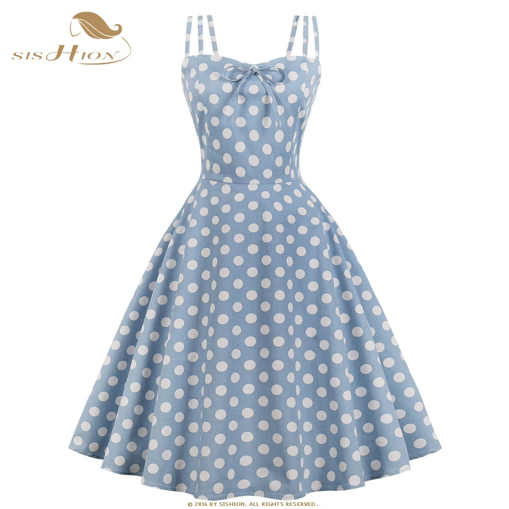 

SISHION 1960s Vintage Dress VD0720 Ladies Sexy Summer Cotton Swing Yellow Blue Women Polka Dot Dress