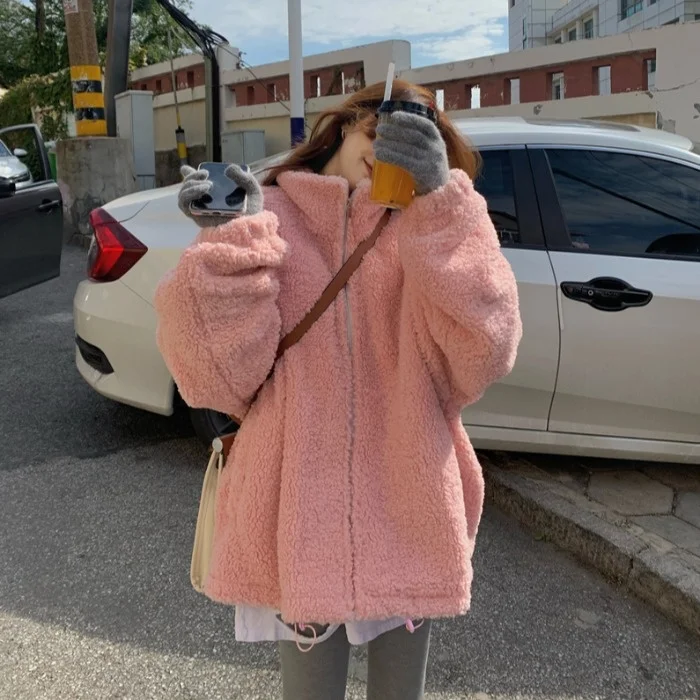 

Girls' Pink Lamb Wool Zipper Thickened Warm Coat Women's Loose and Versatile Long Sleeved Cotton Clothes in Winter