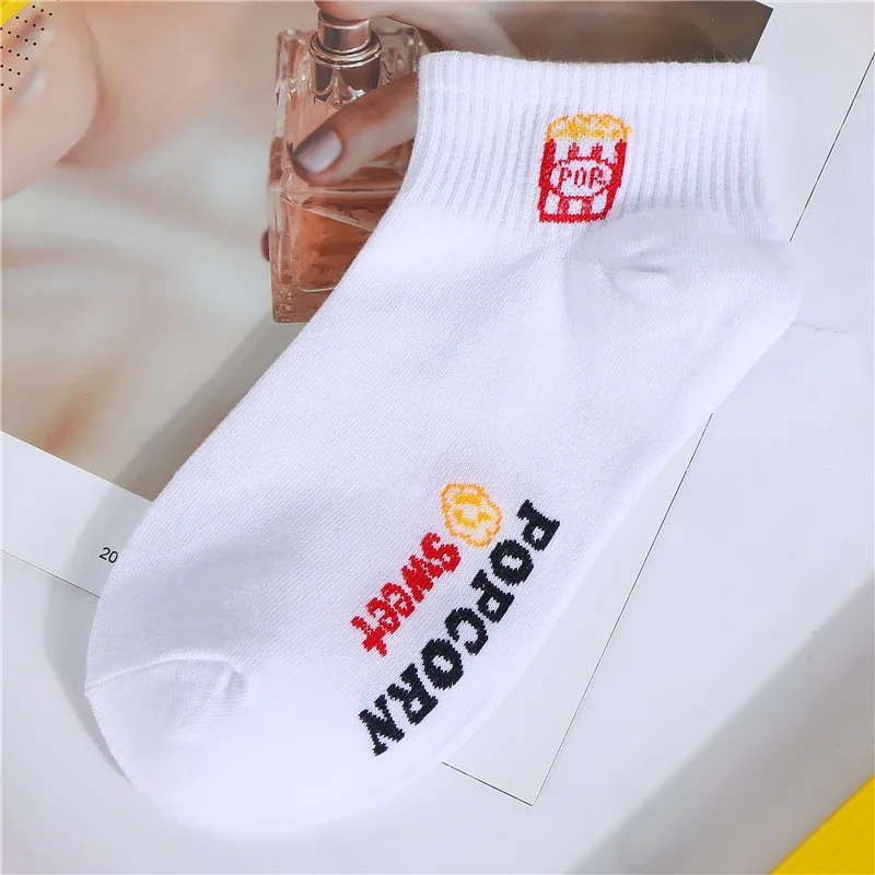 Веселые летние носки с героями мультфильмов для девочек белые kawaii Носки до щиколотки унисекс милые короткие носки для пиццы - Цвет: Popcorn