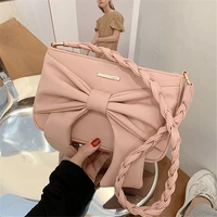 women new generous bow handbag pu leather solid zipper shoulder bags fashion all match braid shoulder strap ladies underarm bag