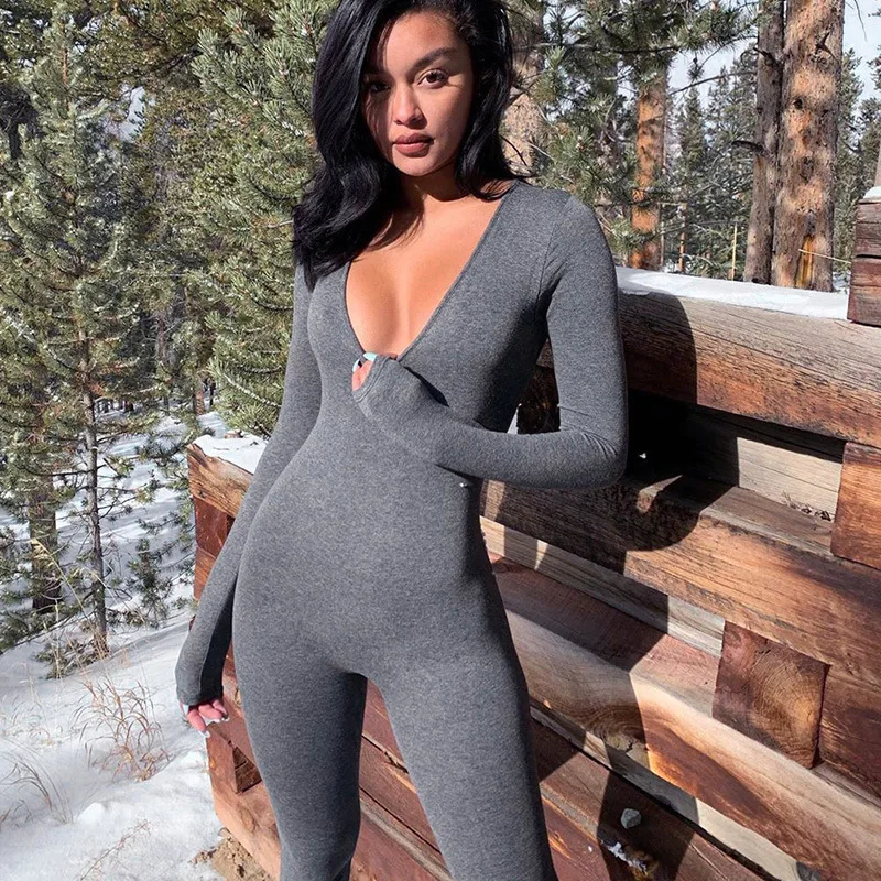 

Elegant Women Sexy Skinny Jumpsuit Autumn Long Sleeve Low Cut High Waist Overalls Yoga Romper Sporty Workout Female Outfits
