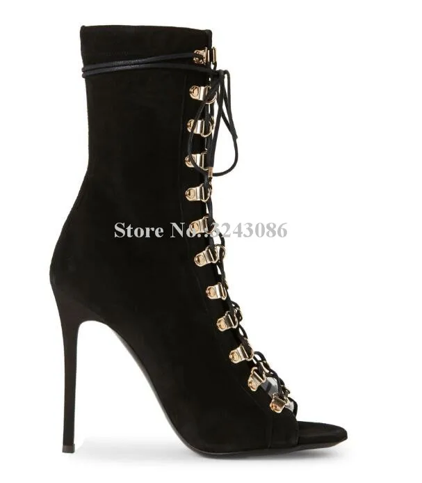 Online Fashion Wanita Telanjang Lace-Up Ankle Boots Wanita Baru Peep Toe Tumit Tinggi Cross-Tie Sepatu Bot Pendek Besar Ukuran Sepatu Pesta Dropship