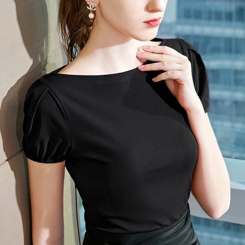 

Short sleeve T-shirt women's car summer new women's wear T-shirt sexy exposed clavicle shoulder bubble sleeve top women