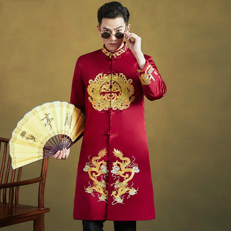 

Chinese Style Wedding Dress Bridegroom High Quality Embroidery Men Costume Chinese Cheongsam For Men Vintage Toast Clothing