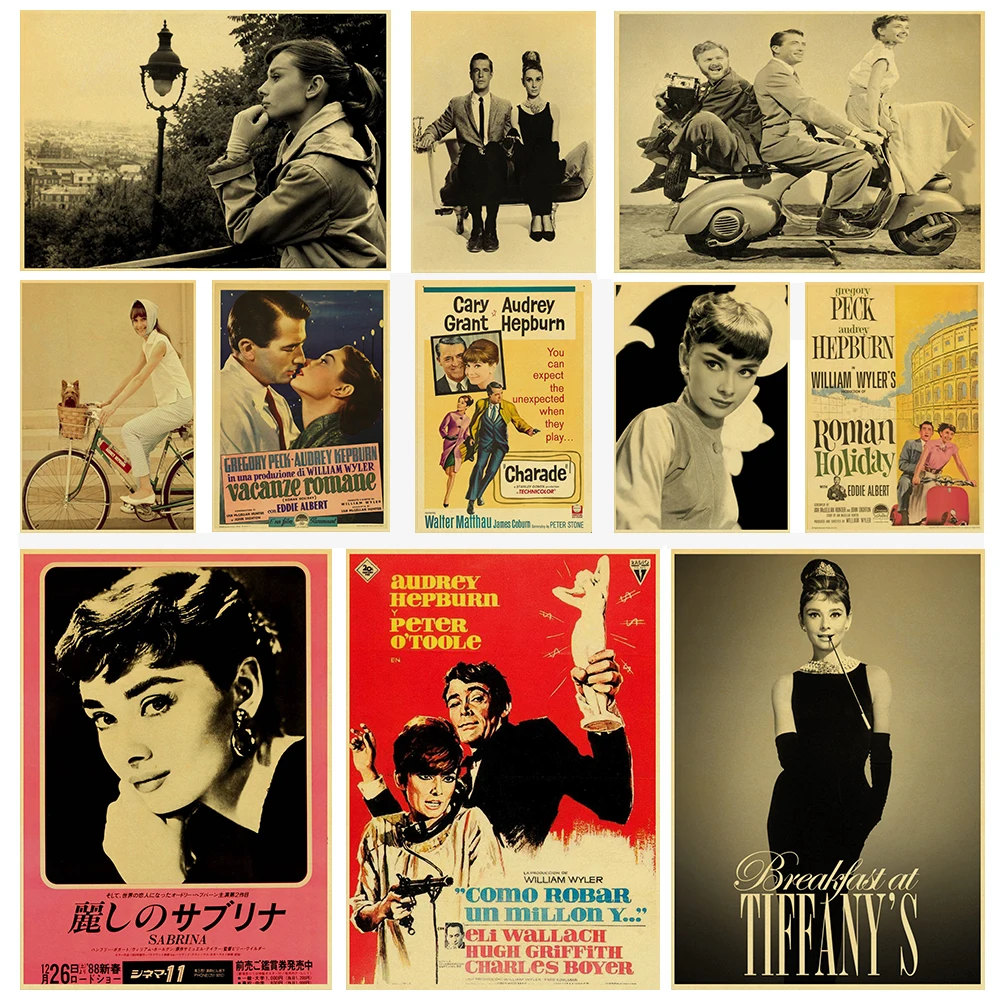 

Famous Movie Star Audrey Hepburn and Her Works Roman Holiday Vintage Kraft Paper Posters Wall Stickers for Home Bar Art Decor