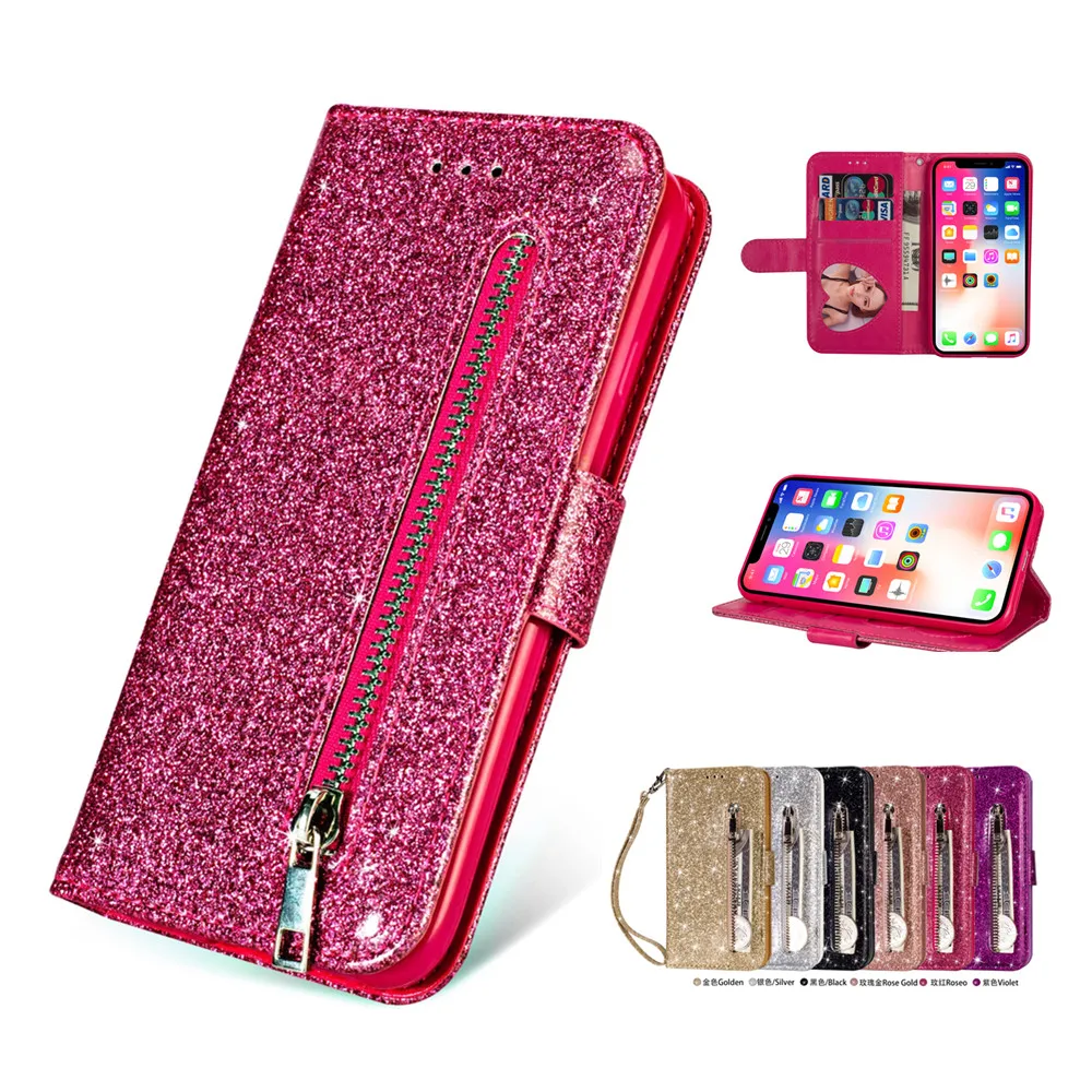 

Leather Flip Case for iPhone 13 11 Pro Max 12 Mini XR X XS SE 2020 7 8 Plus Coque Glitter Bling Wallet Shockproof Stand Cover