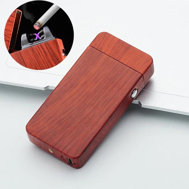 Wooden Двойные электронные дуги прикуривателя USB металла Перезаряжаемые Ветрозащитный Непламено Электрический зажигалки плазмы с Дисплей свет зажигалка зажигалка usb - Цвет: Wooden