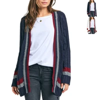 europe 2021 autumn and winter sweater women mid length fashion casual striped pocket slim knitted cardigan women high quality