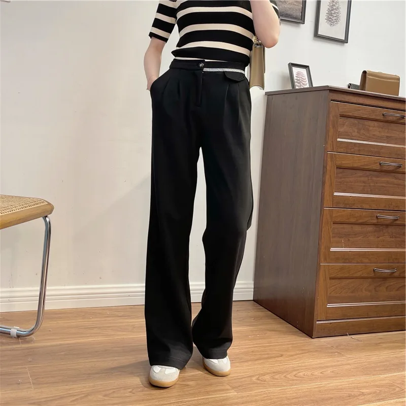 

21 early spring gold thread contrast color waist shows thin straight tube wide leg pants female