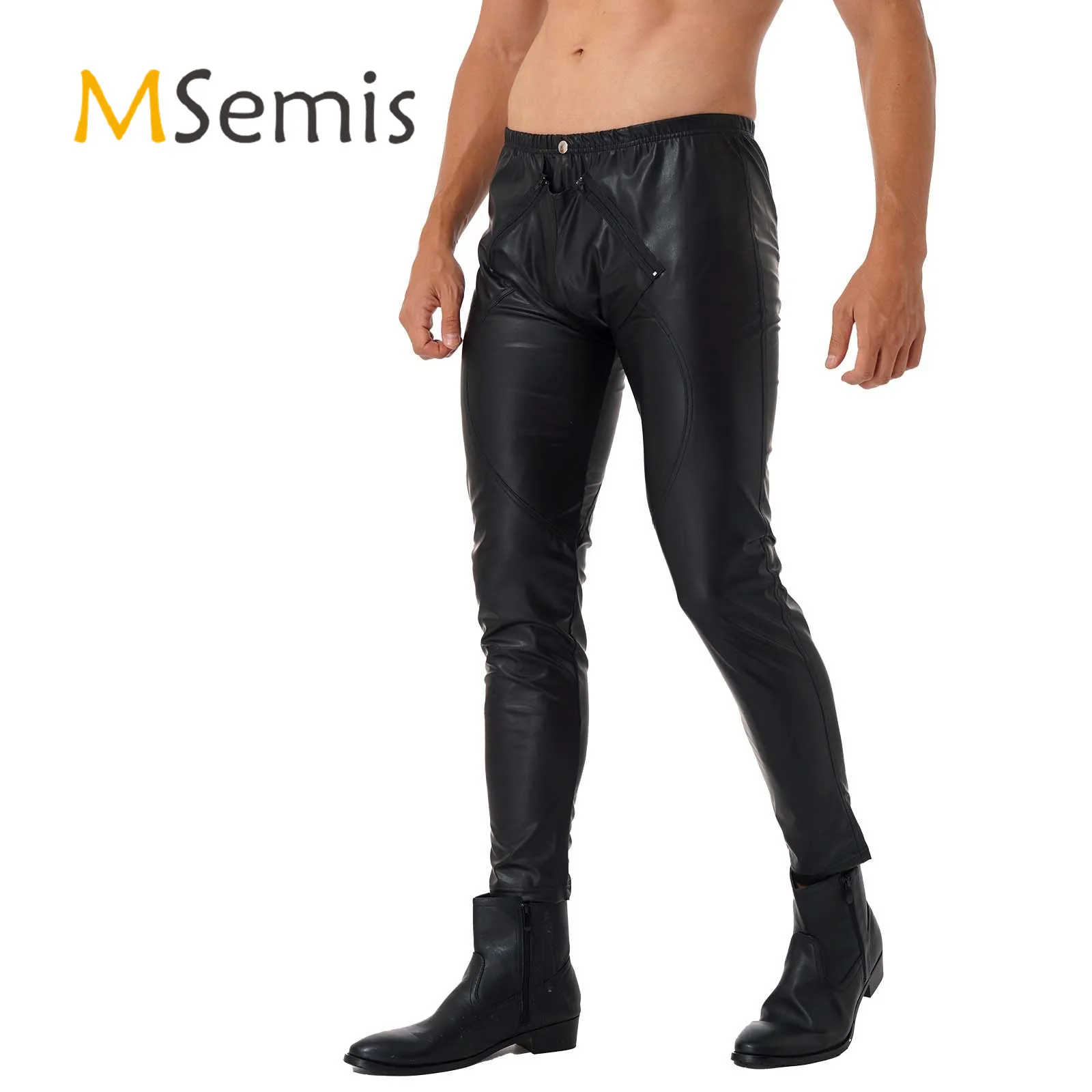 Мужские обтягивающие брюки на молнии спереди эластичный пояс из искусственной