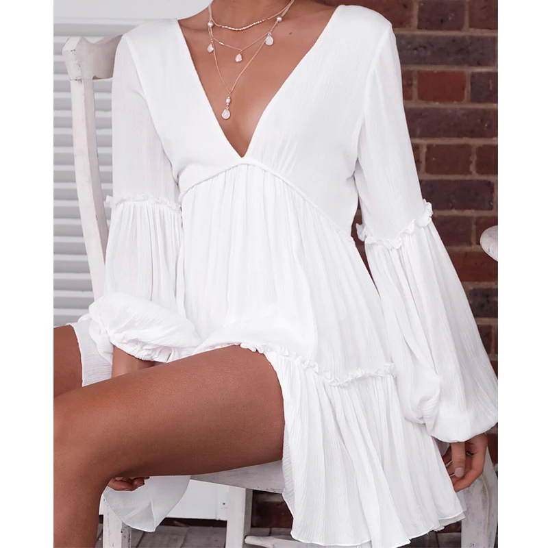 

2020 New Sexy Deep V Beach Dress Lantern Sleeve Dress Women Bikini Swimwear Cover Up Lace Beach Cover Up Bathing Suits Cover-Ups