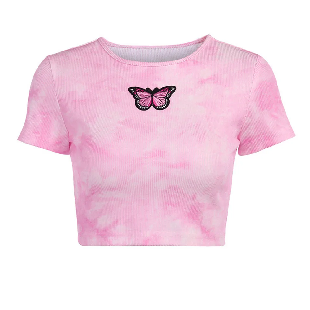 

Sexy Butterfly Embroidery Tie-Dye Print T-shirt Women Summer Pink O-Neck Slim Ribbed Casual Streetwear Crop Tops