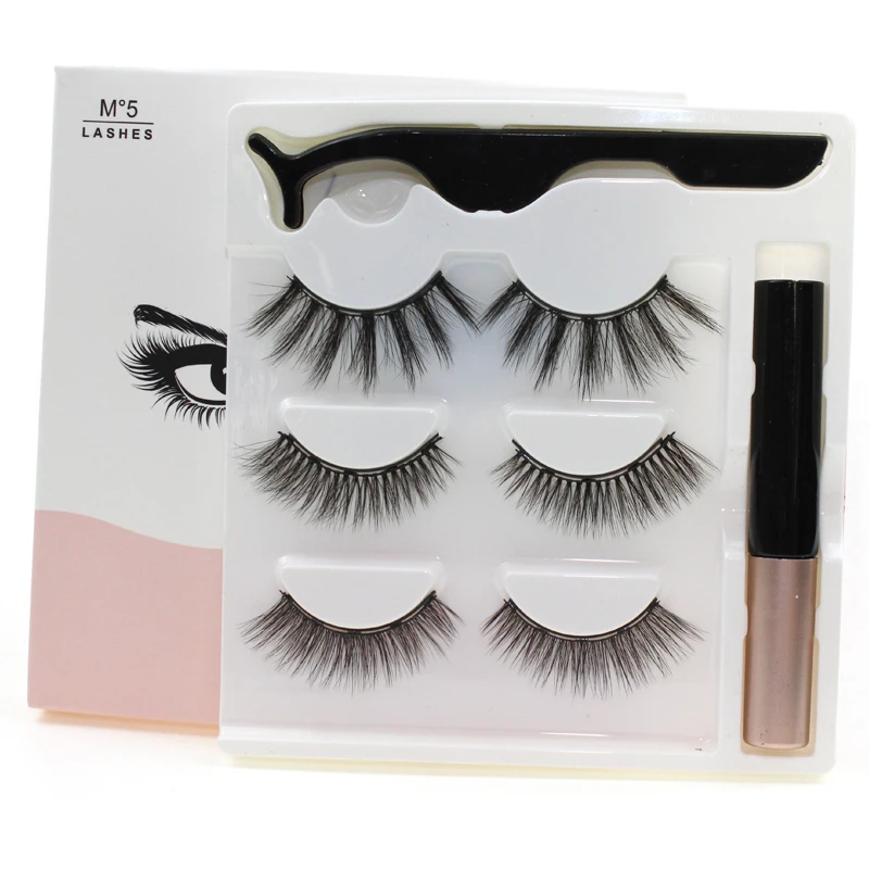 

3 Pairs Faux Mink Volume Eyelash Handmade Lash Makeup Tool Magnetic False Eyelashes With Magnetic Eyeliner Tweezera Set