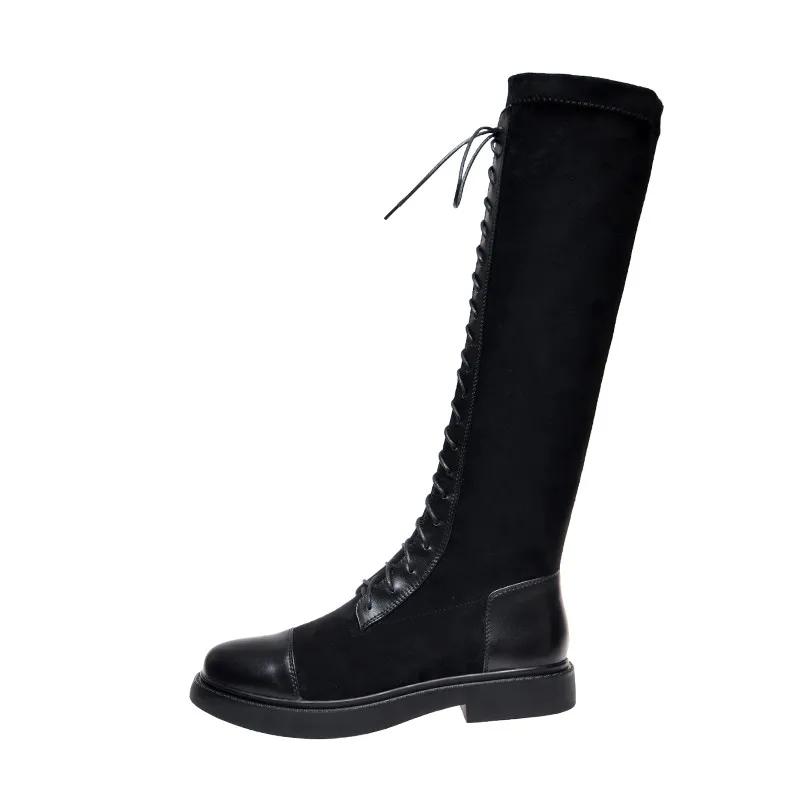 black flock MORAZORA/ г., зимние теплые новые модные женские ботинки простые однотонные сапоги до колена из высококачественной натуральной кожи на шнуровке - Цвет: black flock