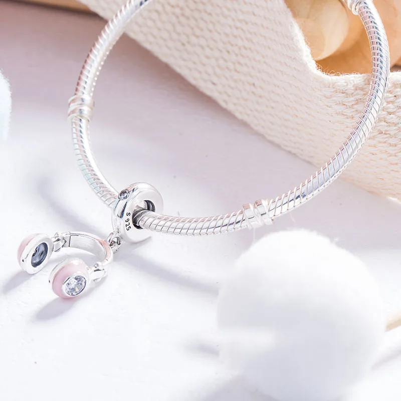 

Authentic 925 Sterling Silver Charm New Pink Girl Earphone Creative Pendant Fit Pandora Women Bracelet & Necklace Diy Jewelry