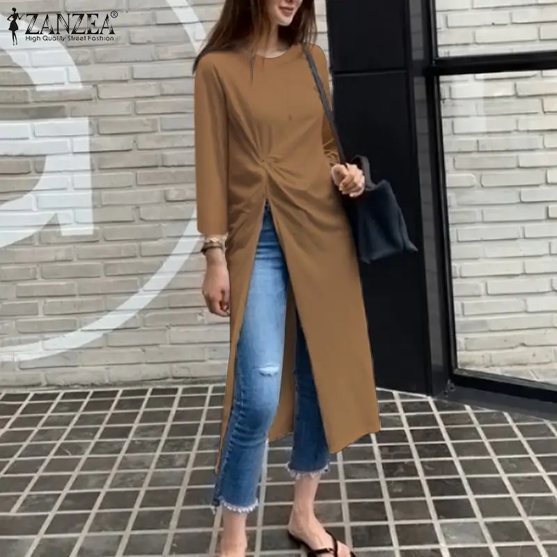 

ZANZEA Fashion Women Asymmetrical Blouse Shirts 2021 Spring Autumn Long Sleeve Split Blusa Femininas Oversized Casual Solid Tops